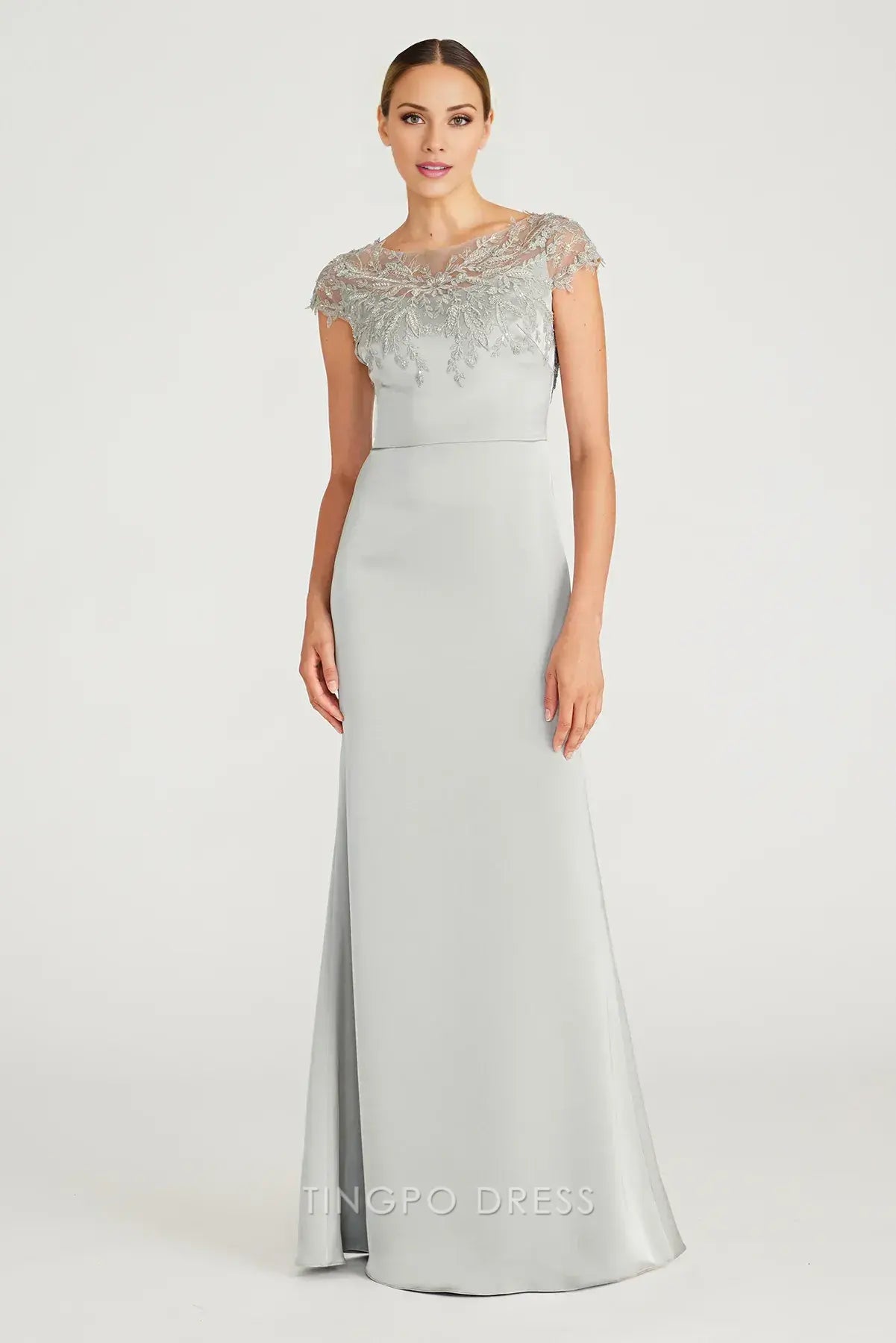 Elegant Lace-Embellished Cap-Sleeve Satin Mermaid Maxi Dress Prom Dress