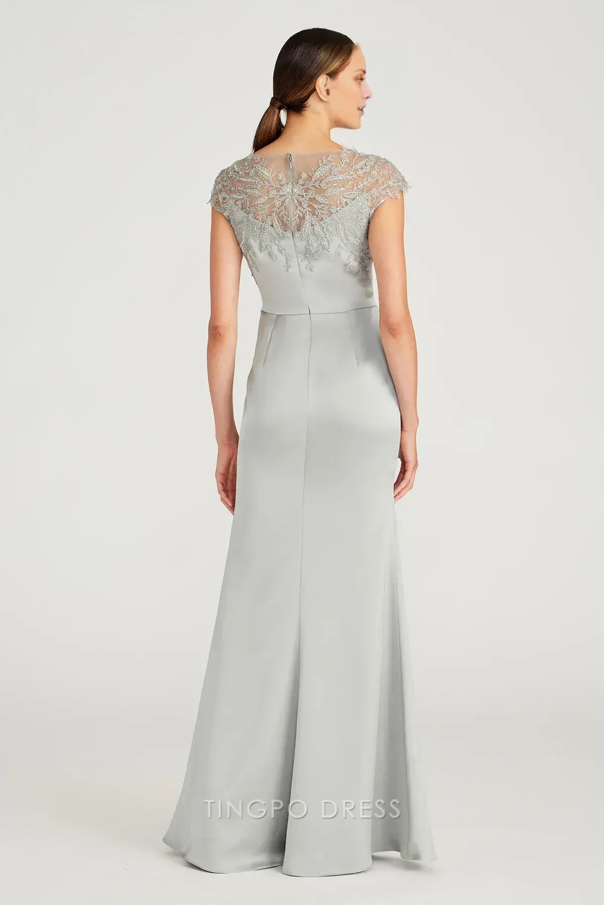 Elegant Lace-Embellished Cap-Sleeve Satin Mermaid Maxi Dress Prom Dress