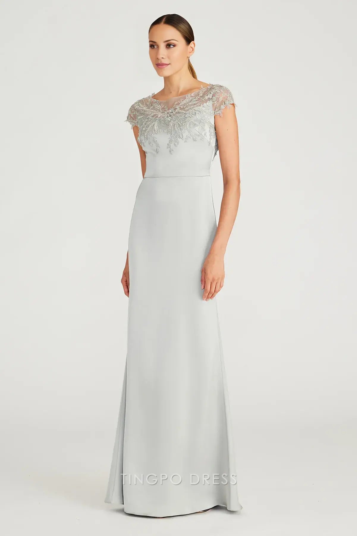 Elegant Lace-Embellished Cap-Sleeve Satin Mermaid Maxi Dress Prom Dress