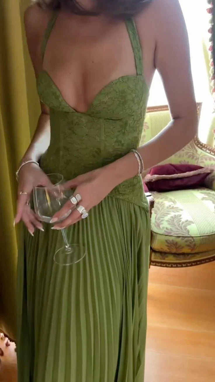 Elegant Lace Halter Sweetheart Corset Bodice Pleated Chiffon Maxi Dress Prom Dress