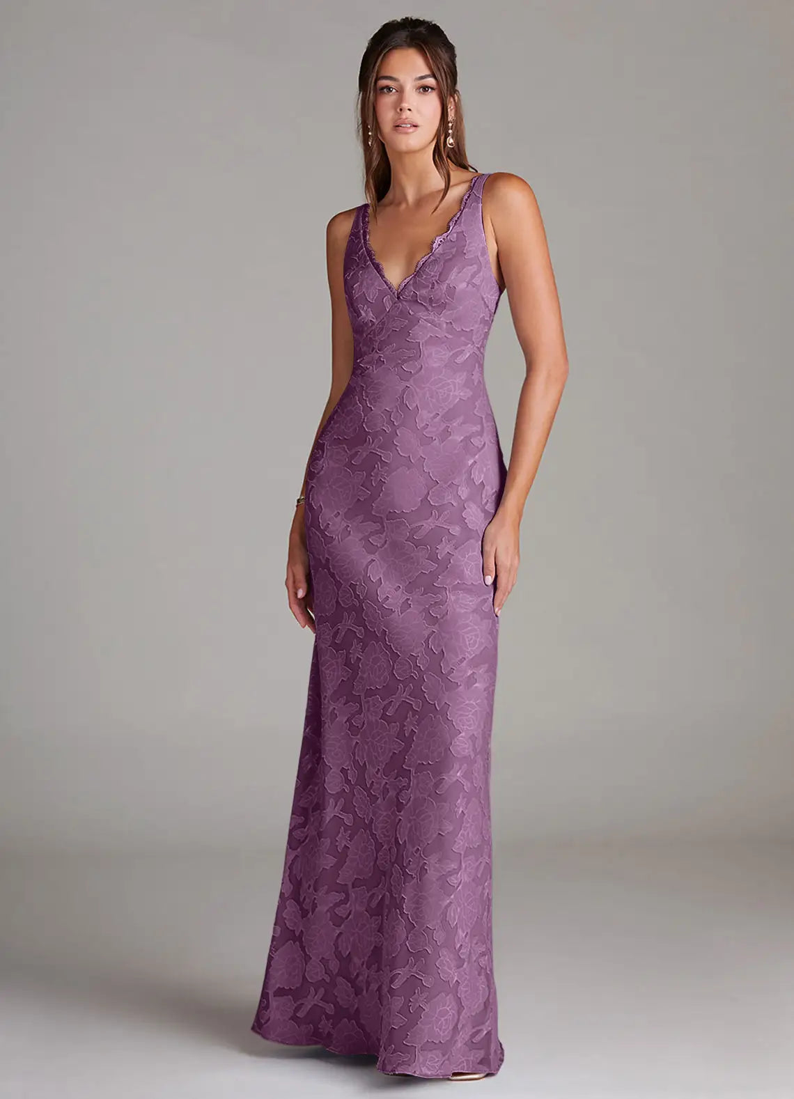 Elegant Lavender Floral Jacquard V-Neck Spaghetti Strap Backless Mermaid Maxi Dress Prom Dress