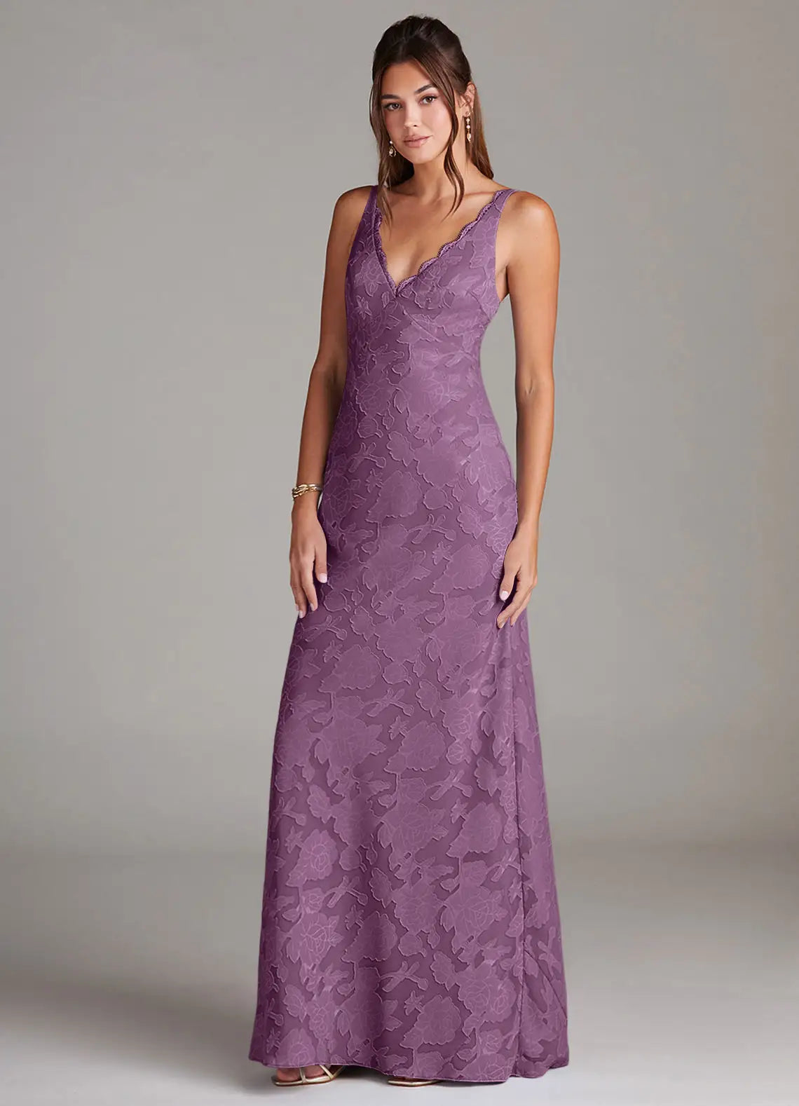 Elegant Lavender Floral Jacquard V-Neck Spaghetti Strap Backless Mermaid Maxi Dress Prom Dress