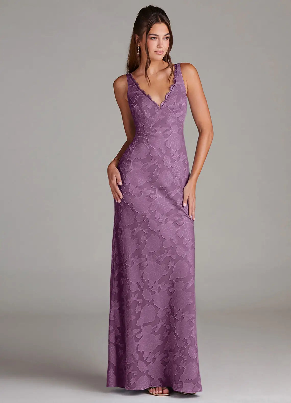 Elegant Lavender Floral Jacquard V-Neck Spaghetti Strap Backless Mermaid Maxi Dress Prom Dress