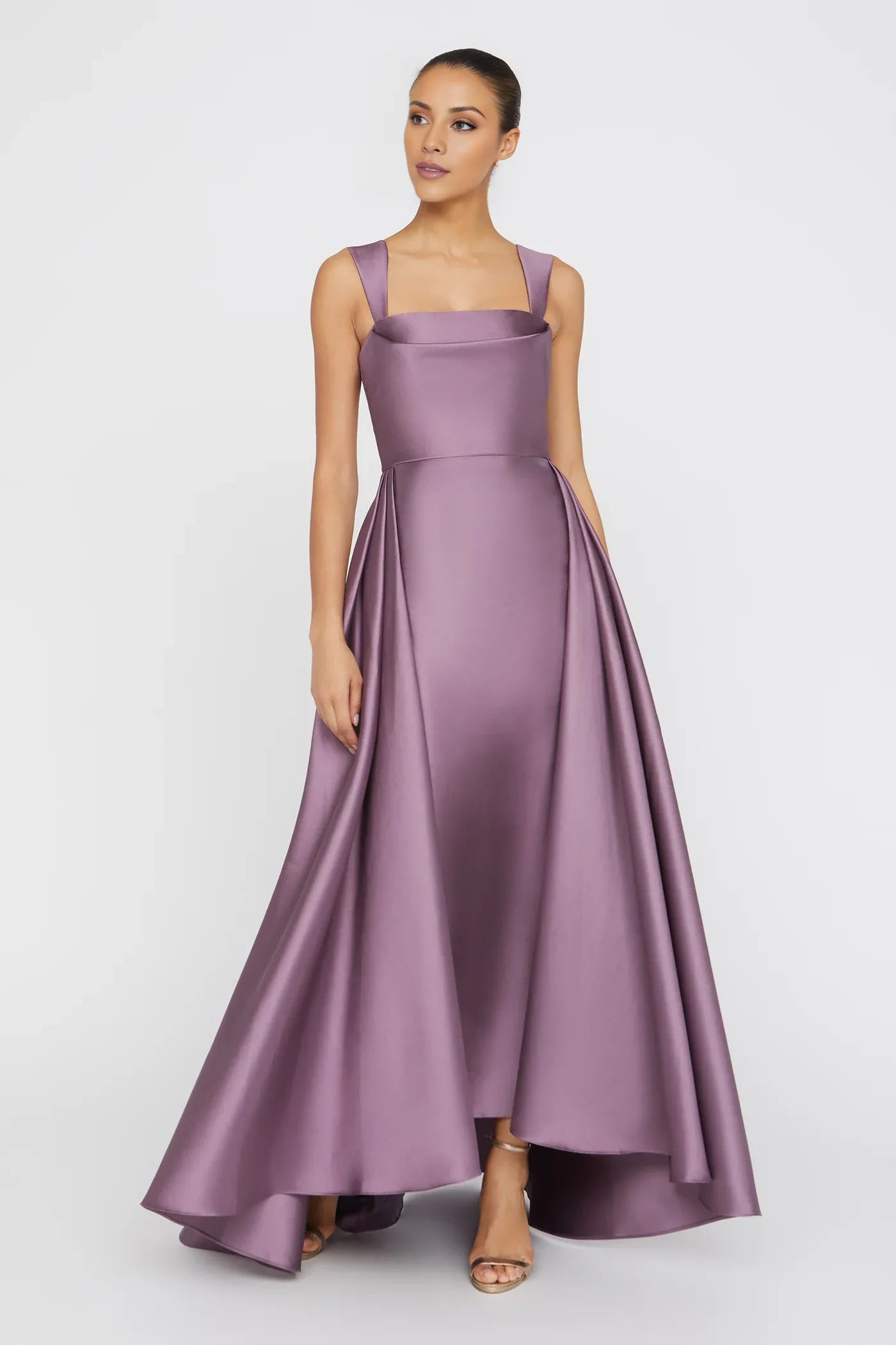 Elegant Lavender Satin Square Neck Spaghetti Strap Open Back High-Low Ballgown Maxi Dress Prom Dress