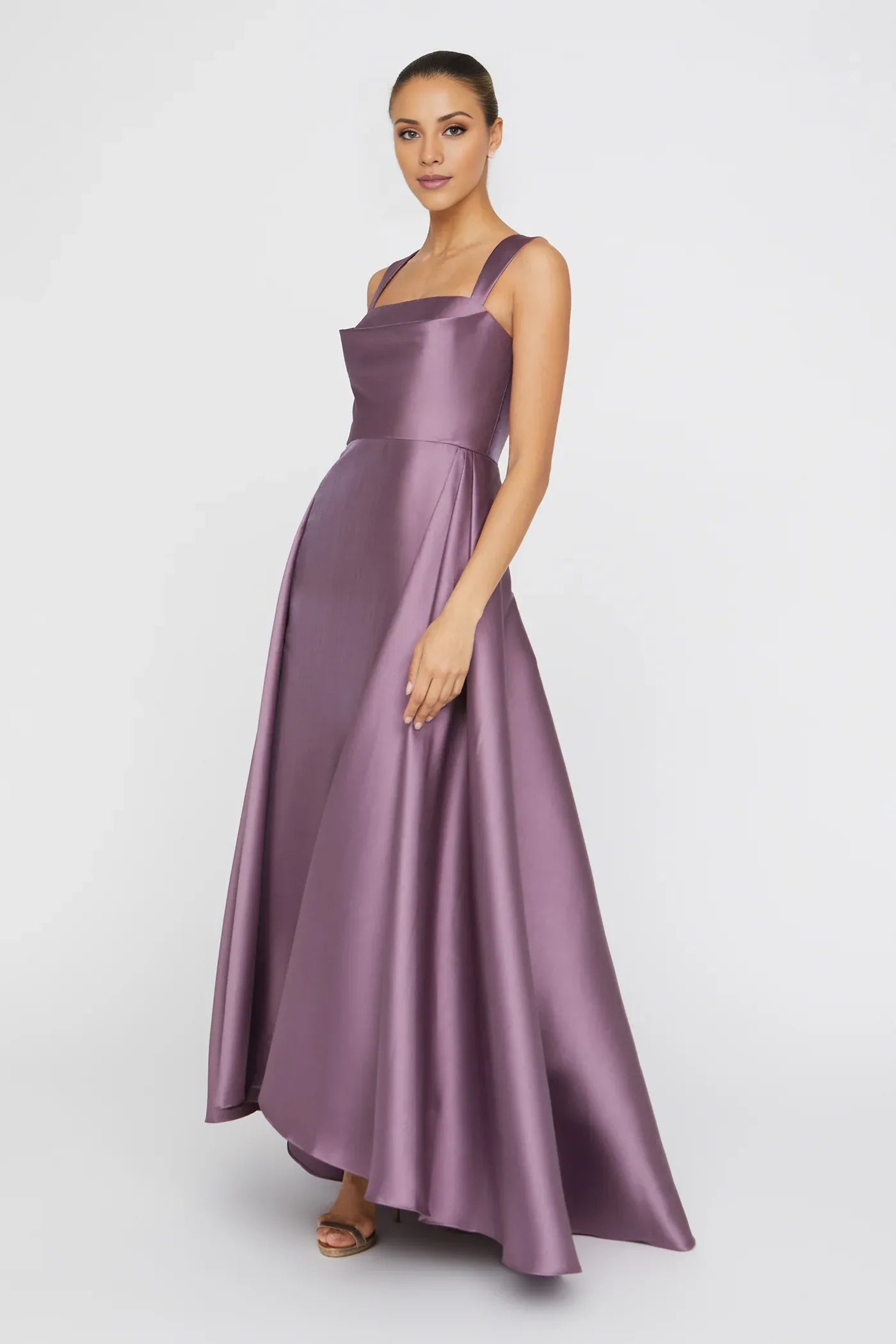 Elegant Lavender Satin Square Neck Spaghetti Strap Open Back High-Low Ballgown Maxi Dress Prom Dress