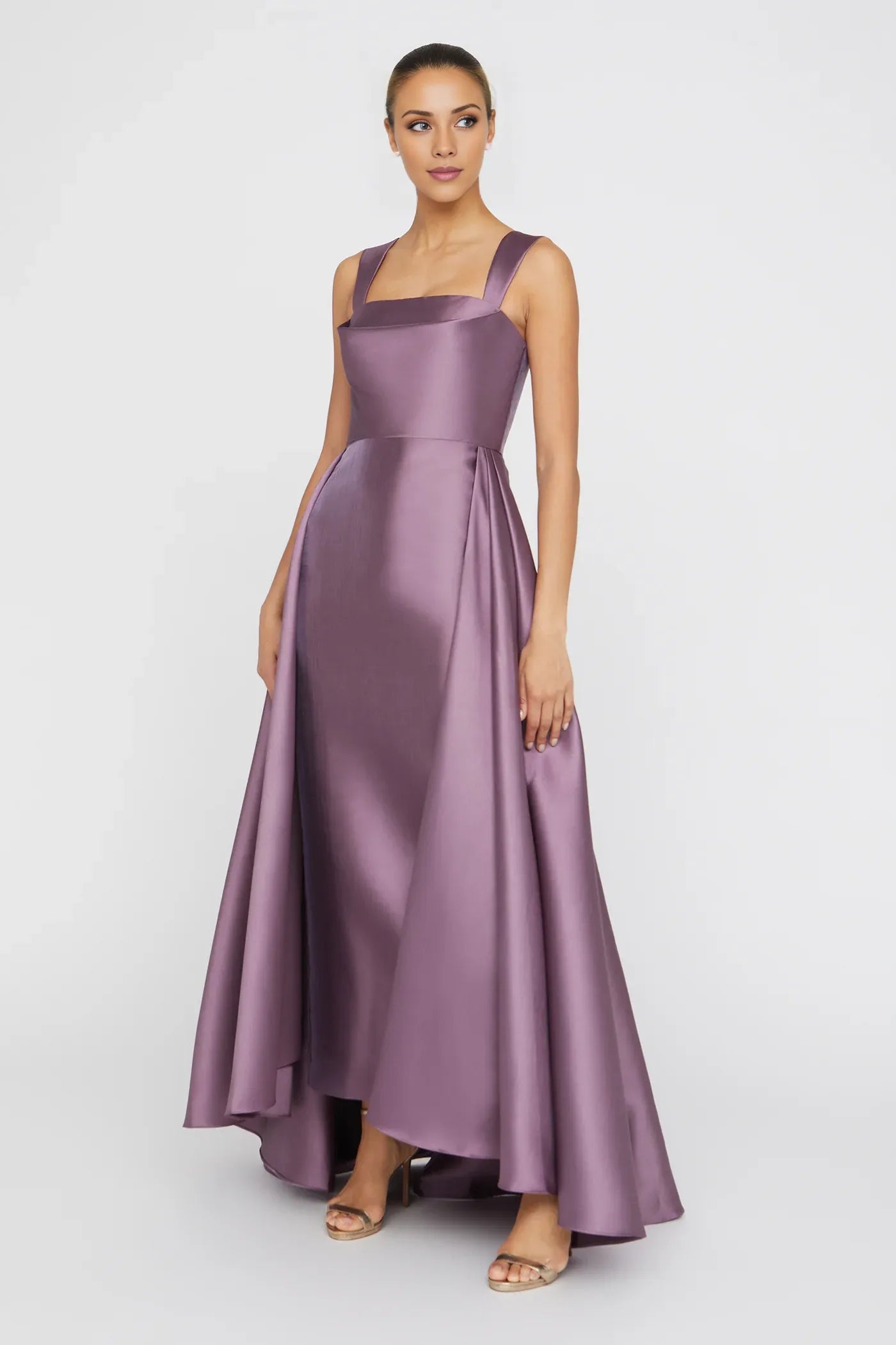 Elegant Lavender Satin Square Neck Spaghetti Strap Open Back High-Low Ballgown Maxi Dress Prom Dress
