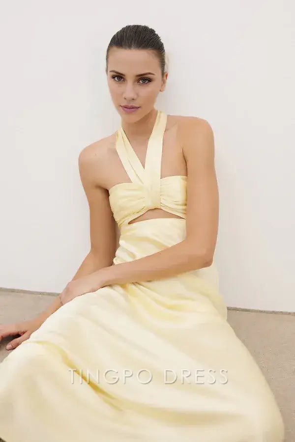 Elegant Lemon Yellow Satin Halter Neck Twist Cutout Tie-Back Mermaid Maxi Dress Prom Dress