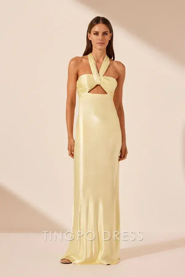Elegant Lemon Yellow Satin Halter Neck Twist Cutout Tie-Back Mermaid Maxi Dress Prom Dress