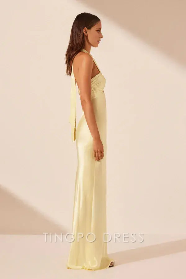 Elegant Lemon Yellow Satin Halter Neck Twist Cutout Tie-Back Mermaid Maxi Dress Prom Dress
