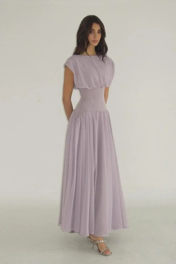 Elegant Lilac Chiffon Cap Sleeve Draped Bodice Ruched Waist A-Line Maxi Dress Prom Dress