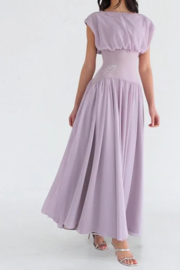 Elegant Lilac Chiffon Cap Sleeve Draped Bodice Ruched Waist A-Line Maxi Dress Prom Dress