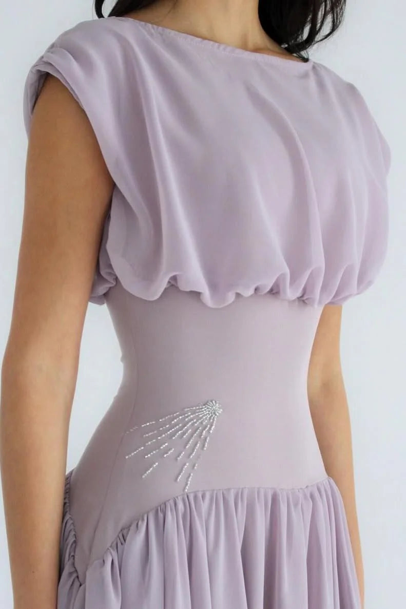 Elegant Lilac Chiffon Cap Sleeve Draped Bodice Ruched Waist A-Line Maxi Dress Prom Dress