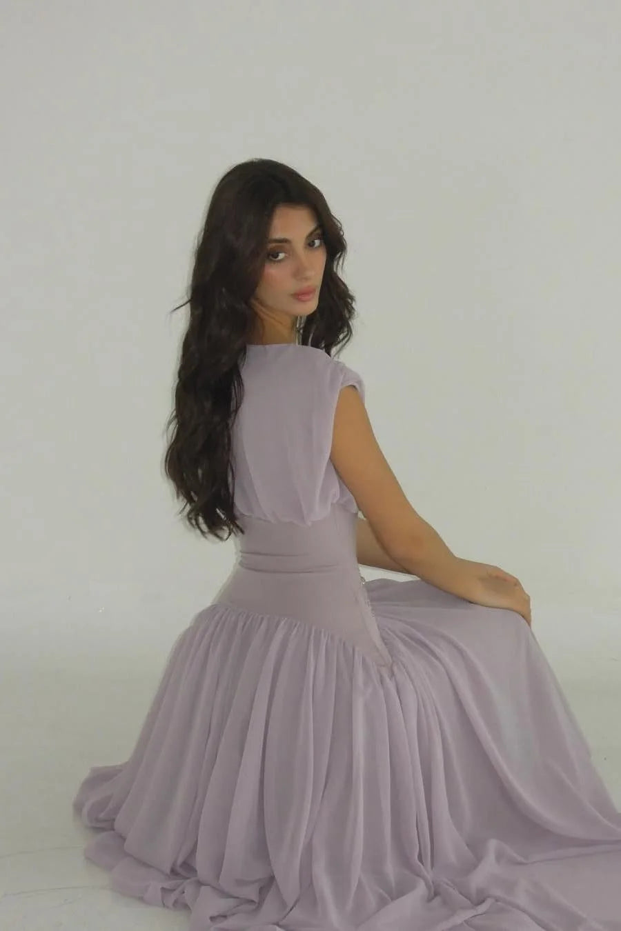Elegant Lilac Chiffon Cap Sleeve Draped Bodice Ruched Waist A-Line Maxi Dress Prom Dress