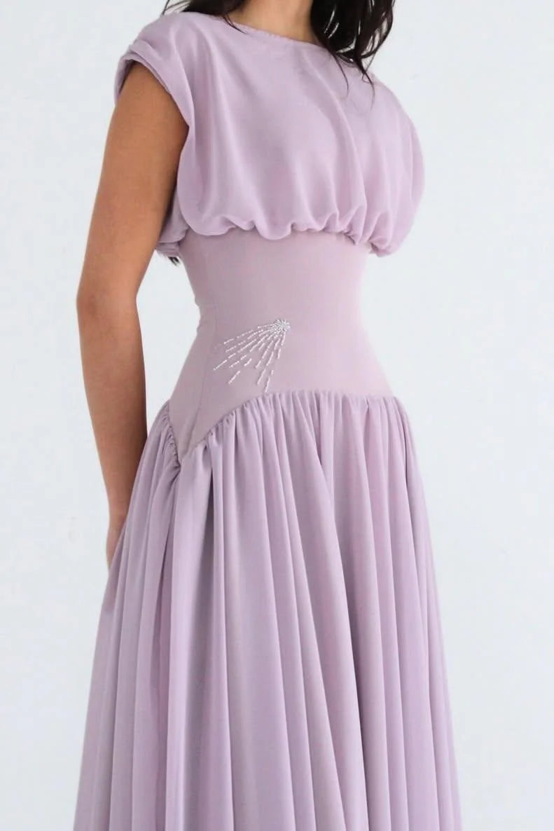 Elegant Lilac Chiffon Cap Sleeve Draped Bodice Ruched Waist A-Line Maxi Dress Prom Dress
