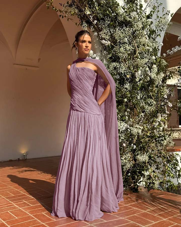 Elegant Lilac Chiffon One-Shoulder Draped Bodice Pleated Cape Maxi Dress Prom Dress
