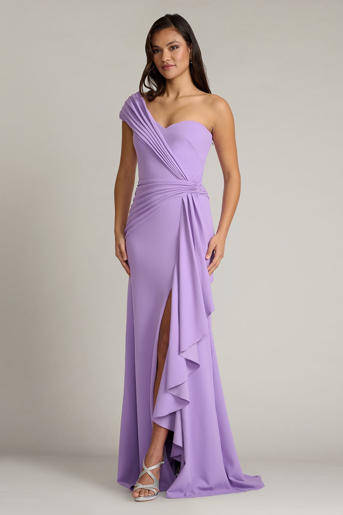 Elegant Lilac Crepe One-Shoulder Ruched Waist Ruffle Trim High Slit Mermaid Train Maxi Dress Prom Dress