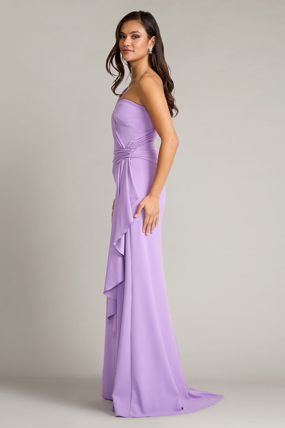 Elegant Lilac Crepe One-Shoulder Ruched Waist Ruffle Trim High Slit Mermaid Train Maxi Dress Prom Dress
