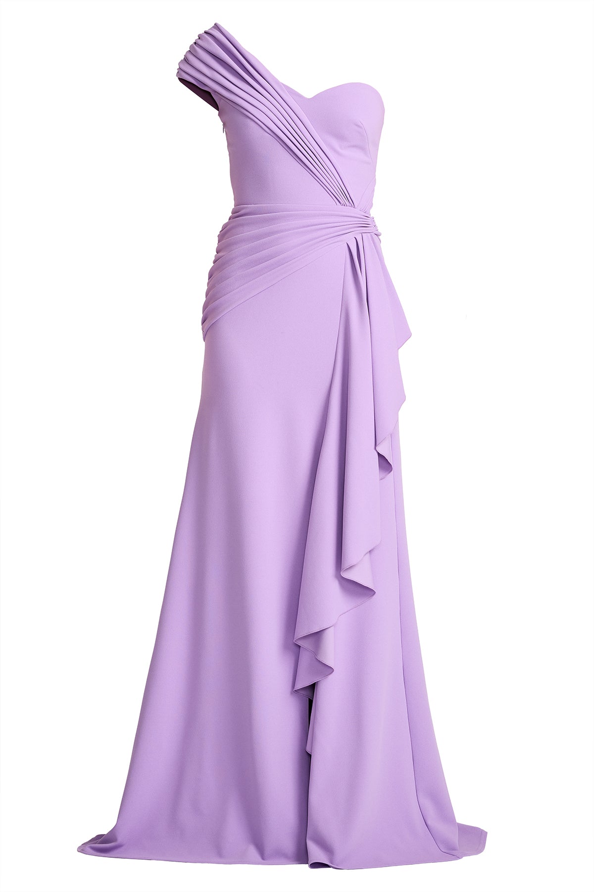 Elegant Lilac Crepe One-Shoulder Ruched Waist Ruffle Trim High Slit Mermaid Train Maxi Dress Prom Dress