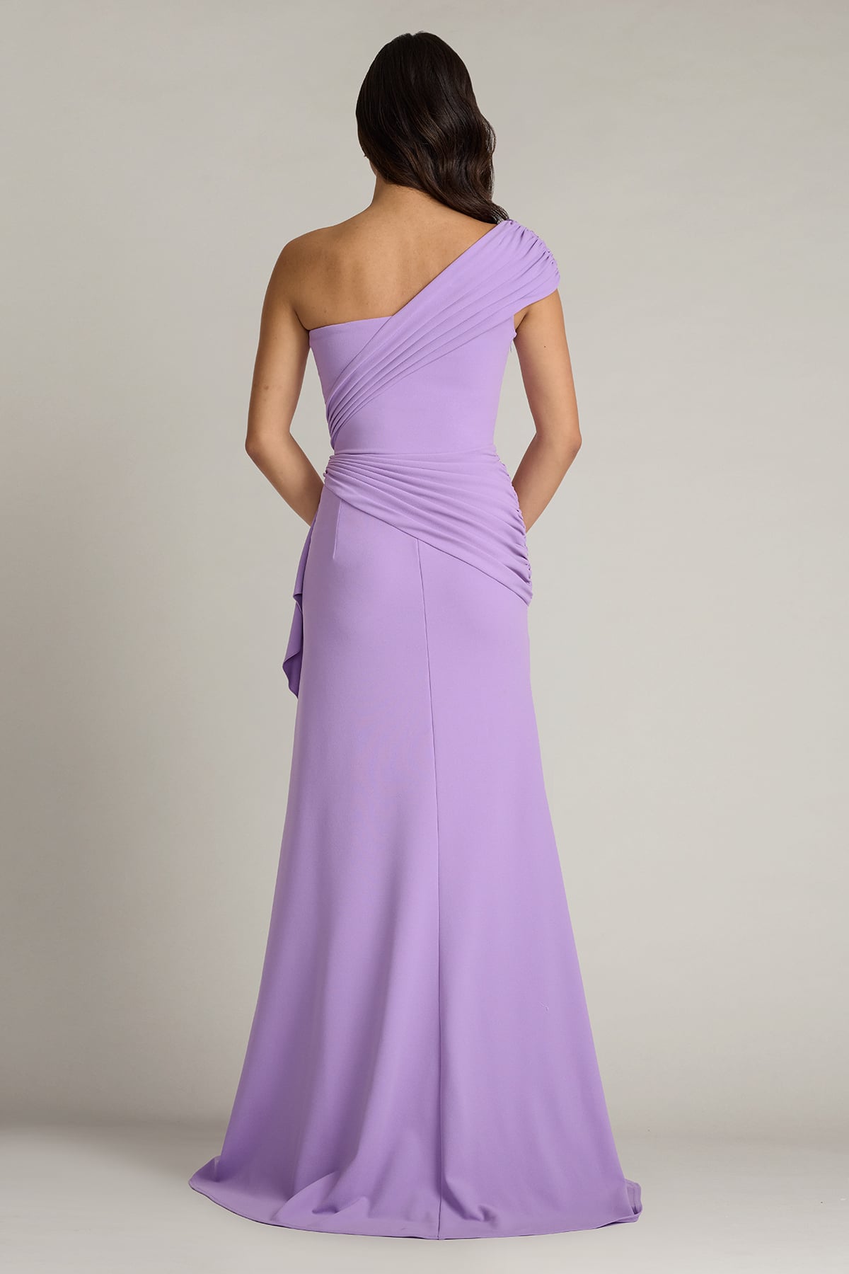 Elegant Lilac Crepe One-Shoulder Ruched Waist Ruffle Trim High Slit Mermaid Train Maxi Dress Prom Dress