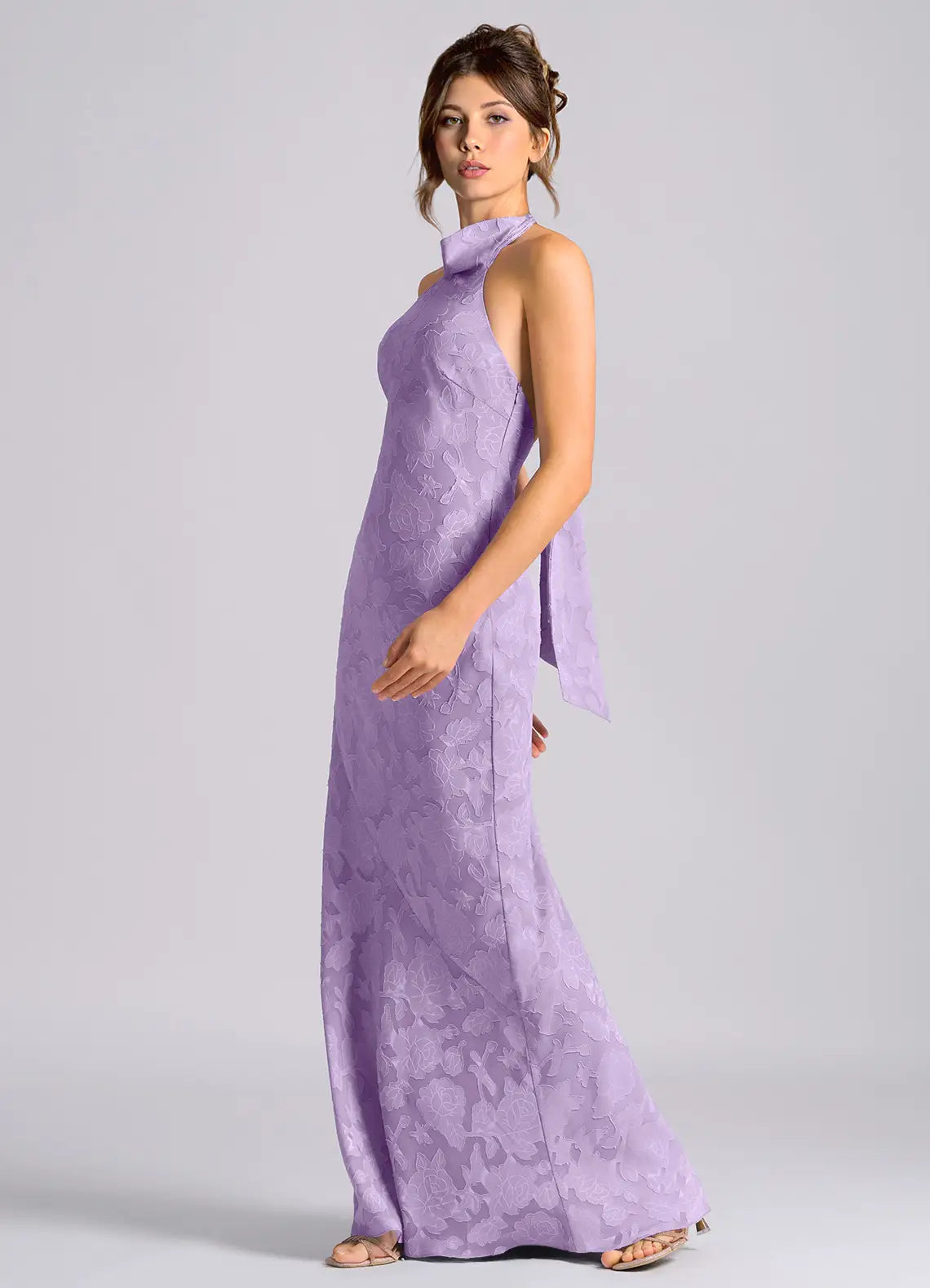 Elegant Lilac Floral Jacquard Halter Sleeveless Tie-Back Sheath/Column Maxi Dress Prom Dress