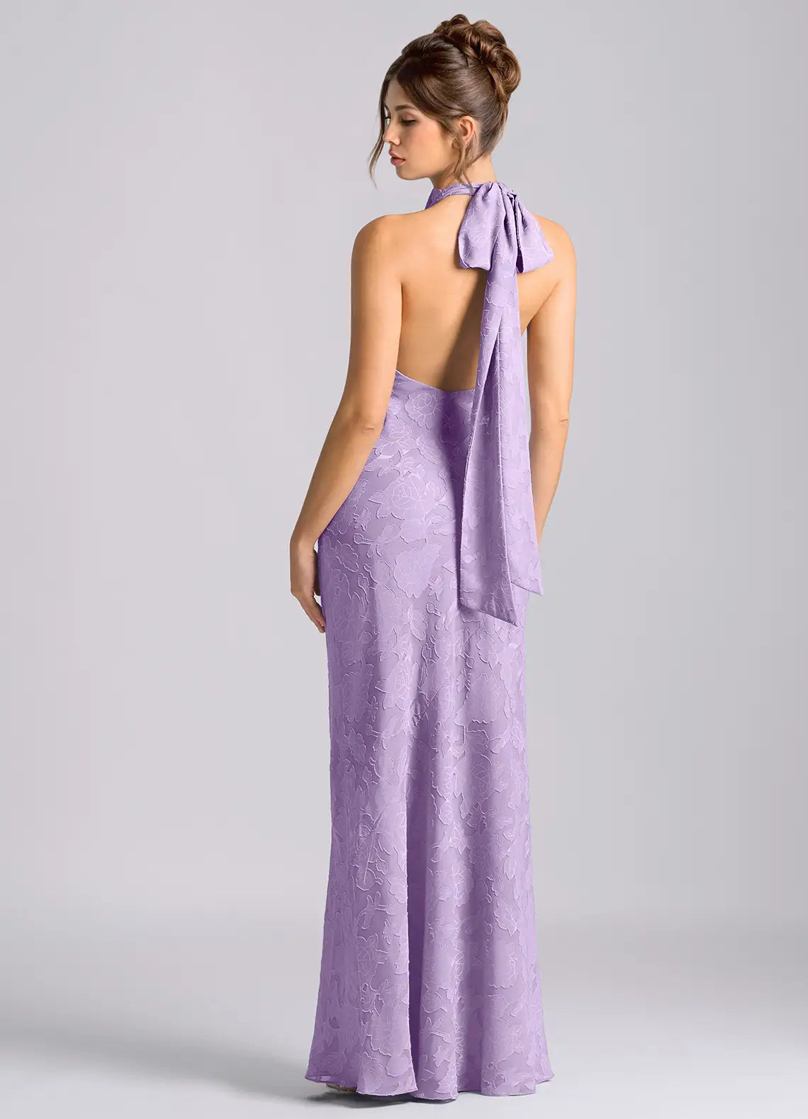 Elegant Lilac Floral Jacquard Halter Sleeveless Tie-Back Sheath/Column Maxi Dress Prom Dress