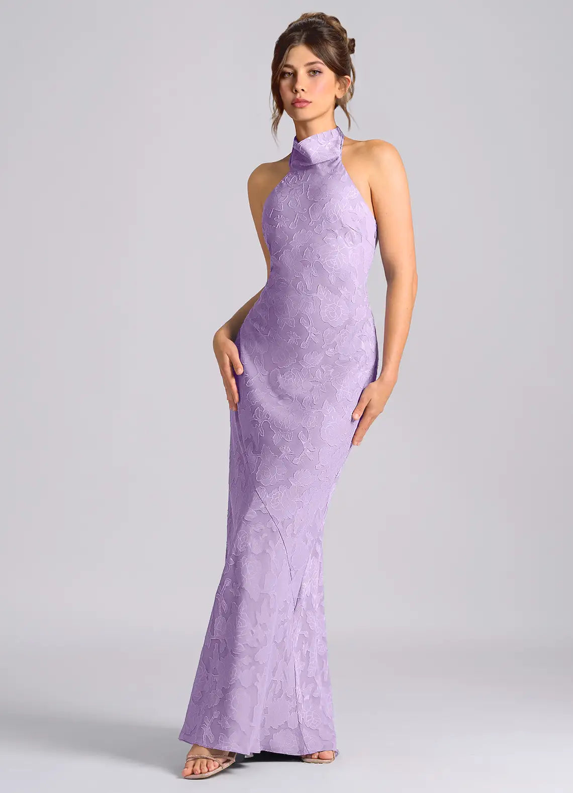Elegant Lilac Floral Jacquard Halter Sleeveless Tie-Back Sheath/Column Maxi Dress Prom Dress