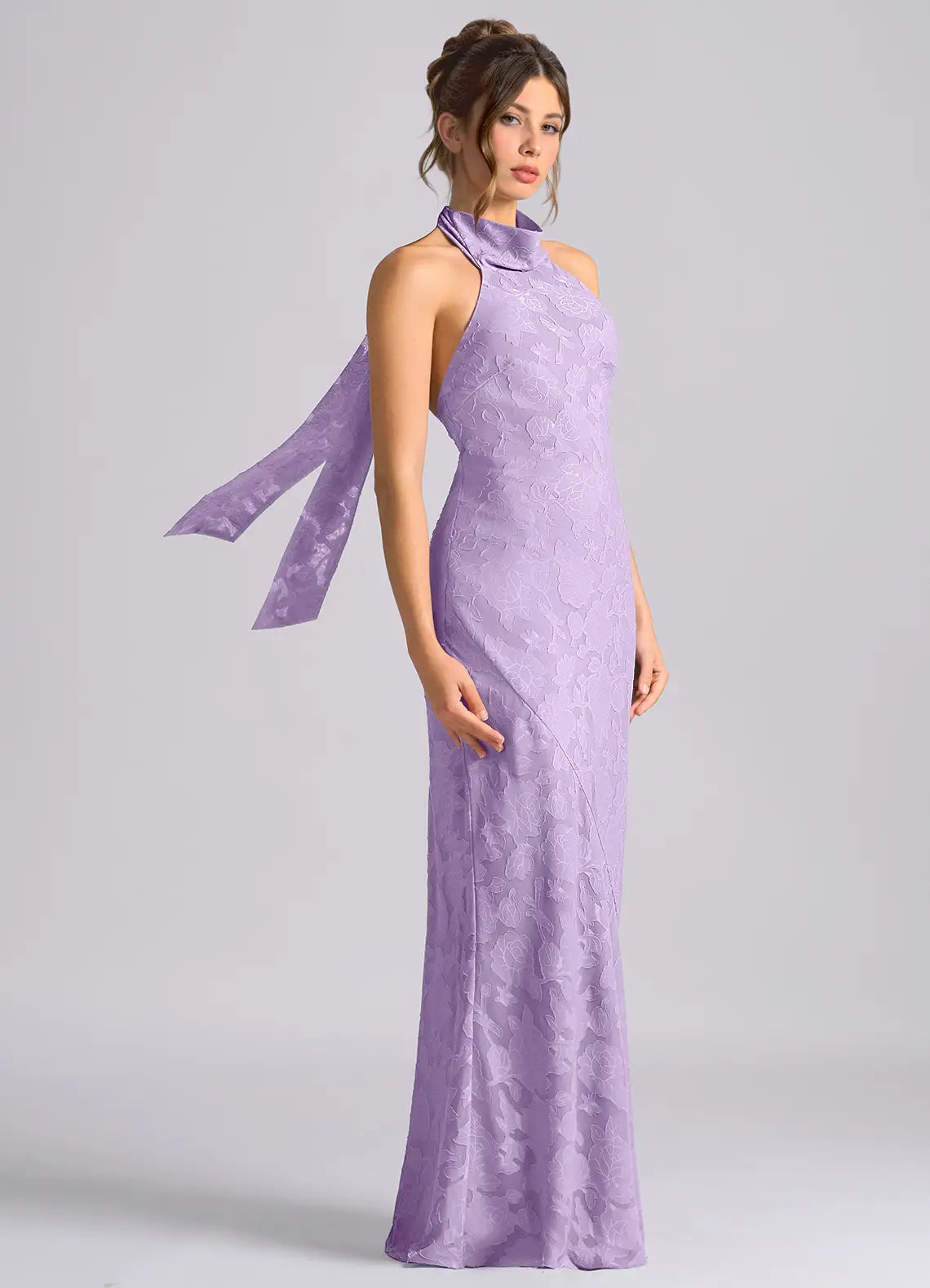 Elegant Lilac Floral Jacquard Halter Sleeveless Tie-Back Sheath/Column Maxi Dress Prom Dress