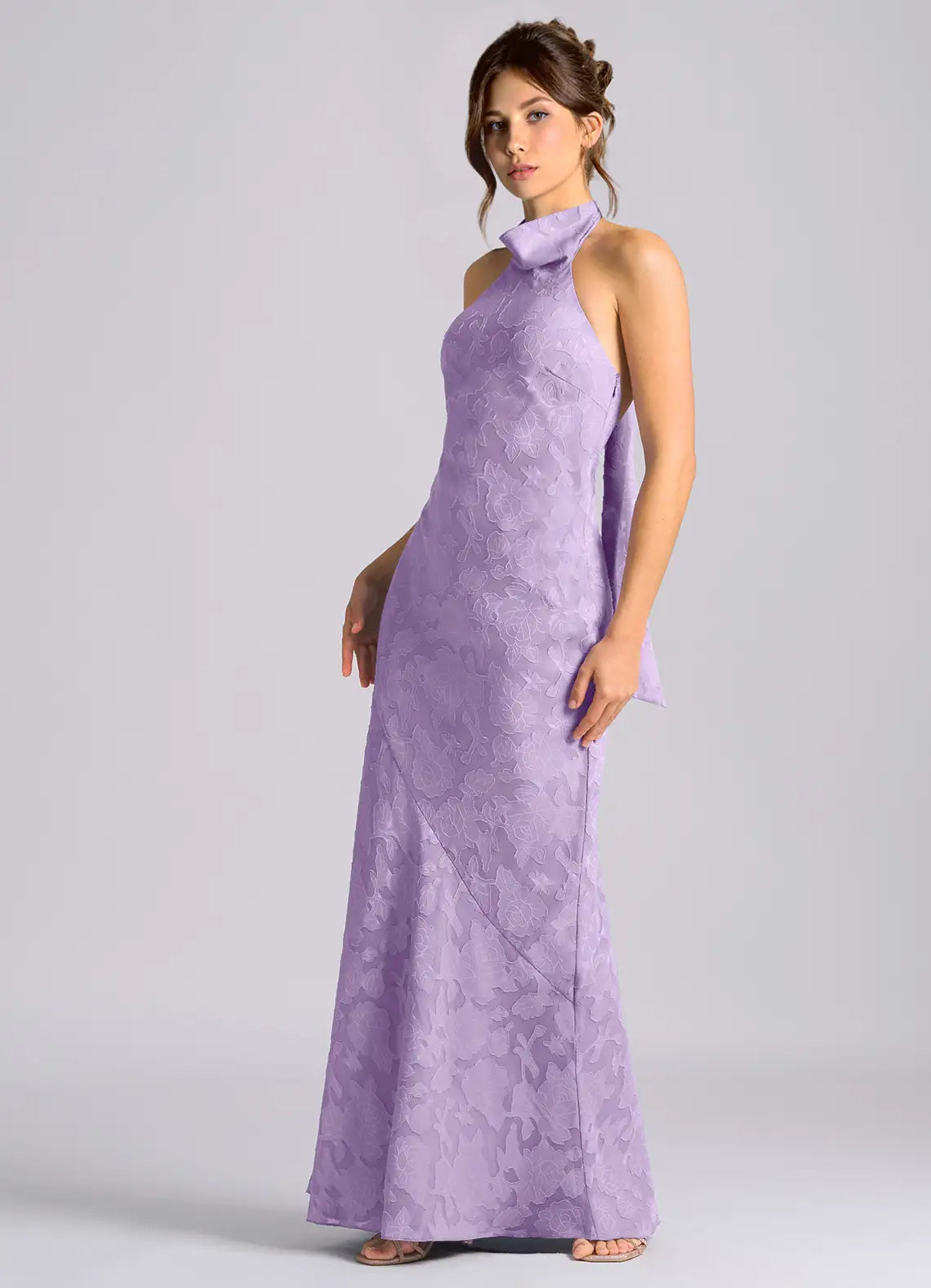Elegant Lilac Floral Jacquard Halter Sleeveless Tie-Back Sheath/Column Maxi Dress Prom Dress