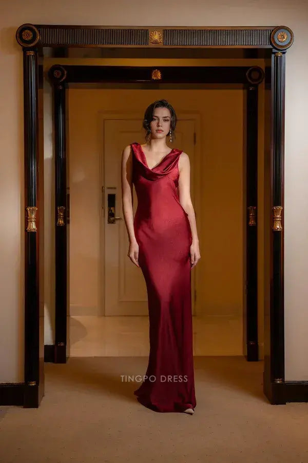 Elegant Mermaid Cowl Neck Backless Crisscross Tie Satin Mermaid Maxi Dress Prom Dress