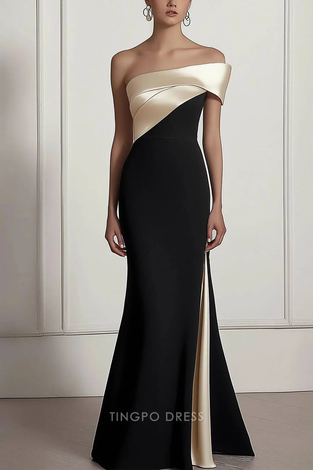 Elegant Mermaid Formal Prom Dress Off-The-Shoulder Color-block Side Slit Maxi Dress Prom Dress