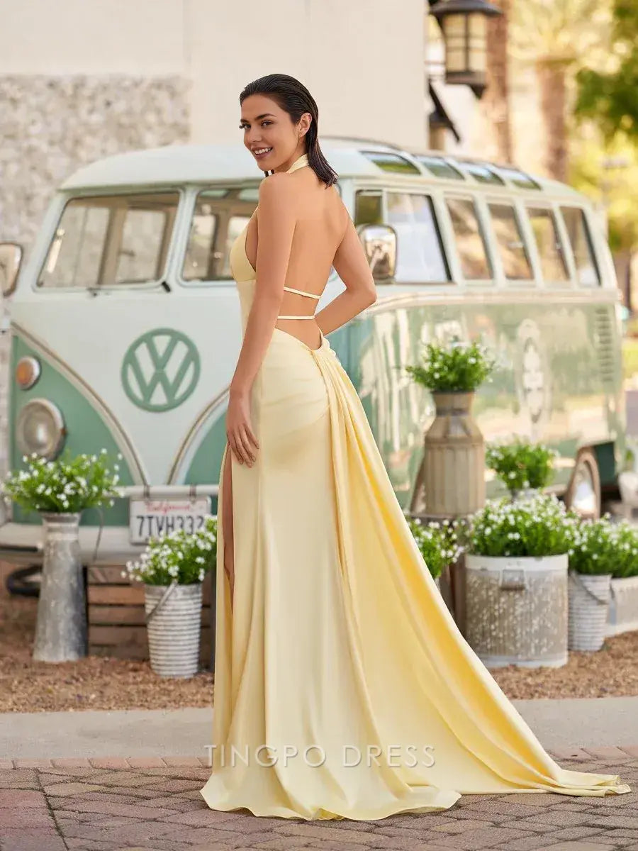 Elegant Mermaid Halter Neck Open Back Sweep/Brush Train Maxi Dress with Side Slit Prom Dress
