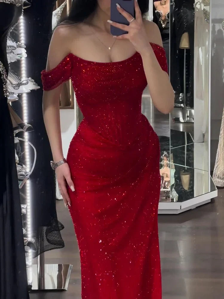 TingPo Wholesale Elegant Mermaid Off-shoulder Sequined Slim Fit Prom Dress Long Evening Dresses