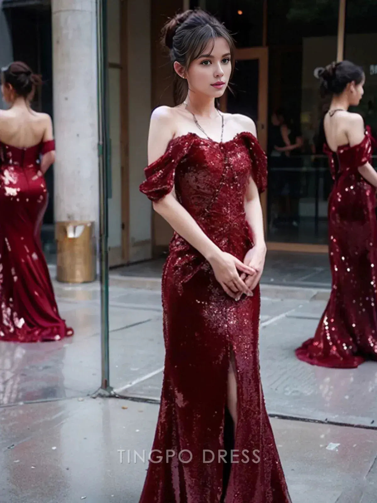 TingPo Wholesale Elegant Mermaid Off The Shoulder Burgundy Sequin Long Prom Dress Evening Dresses