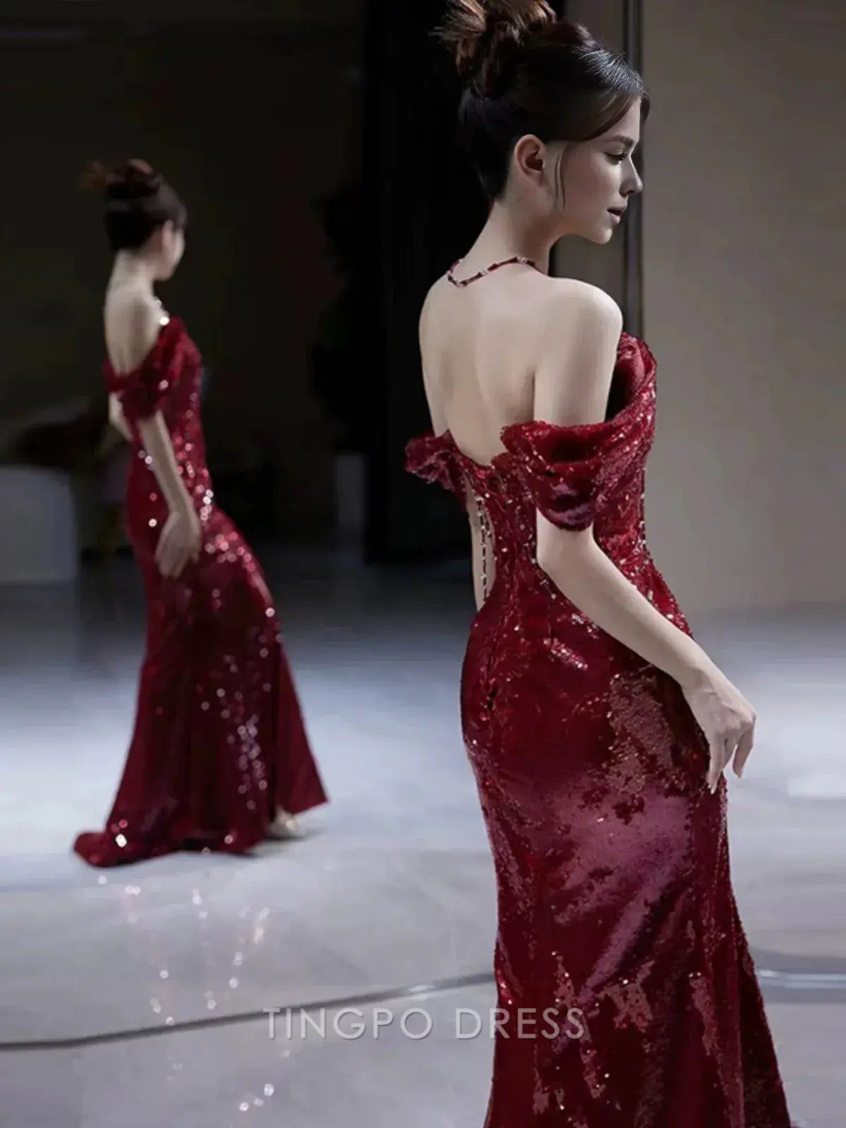 TingPo Wholesale Elegant Mermaid Off The Shoulder Burgundy Sequin Long Prom Dress Evening Dresses