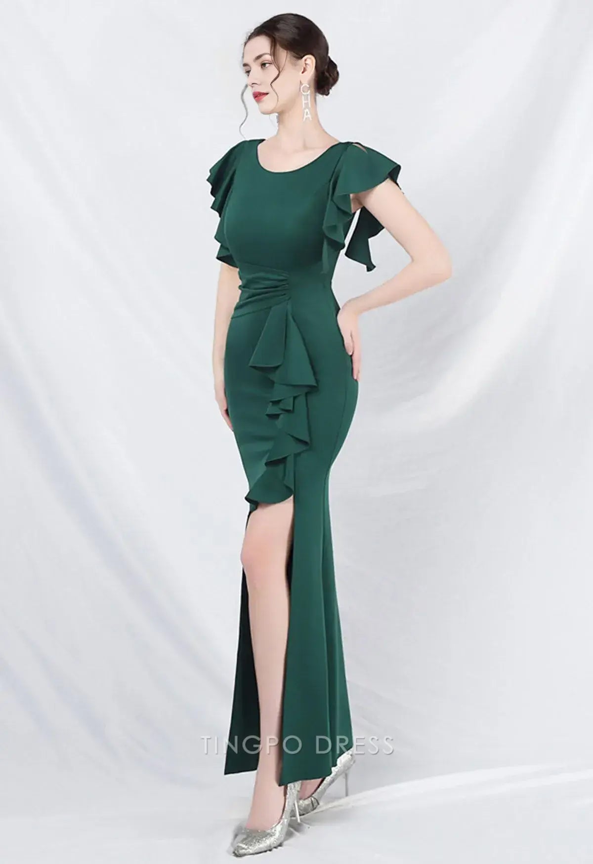 Elegant Mermaid Round Neck Ruffled Sleeve Side Slit Mermaid Maxi Dress Prom Dress