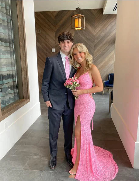 TingPo Wholesale Elegant Mermaid Sequin Pink Long Prom Dresses Formal Dress