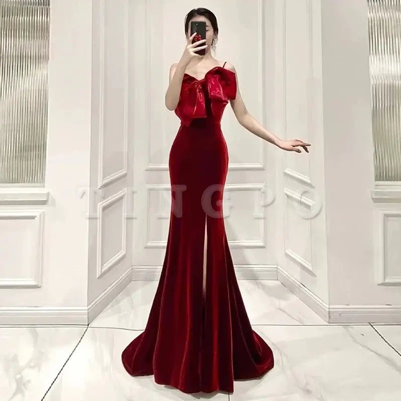 Wholesale Elegant Mermaid Spaghetti Straps Burgundy Long Prom Dress Evening Dresses formal wear dresses