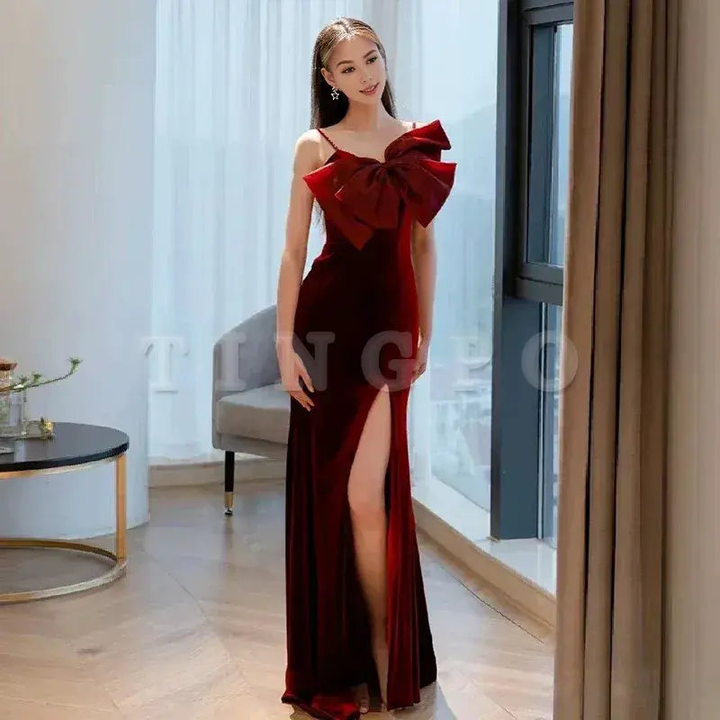 Wholesale Elegant Mermaid Spaghetti Straps Burgundy Long Prom Dress Evening Dresses formal wear dresses ﻿