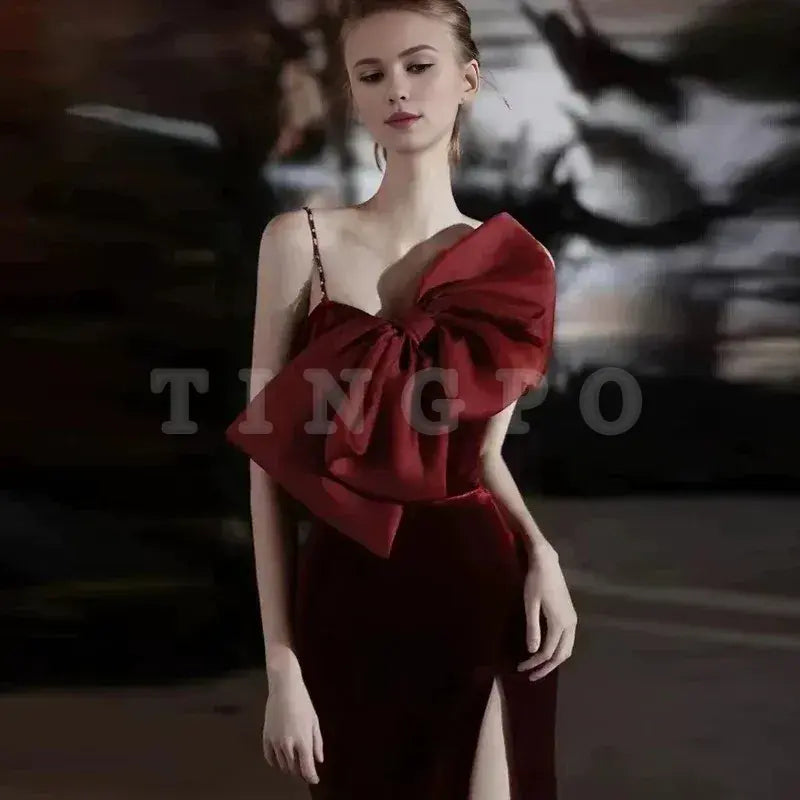 Wholesale Elegant Mermaid Spaghetti Straps Burgundy Long Prom Dress Evening Dresses formal wear dresses ﻿