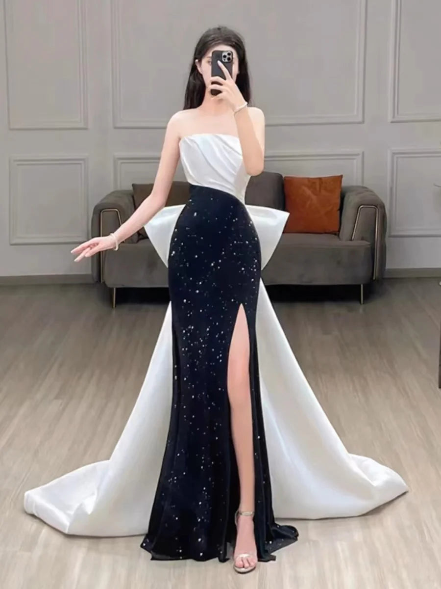 Wholesale Elegant Mermaid Strapless Black Sequin Long Prom Dress Evening Dresses formal wear dresses