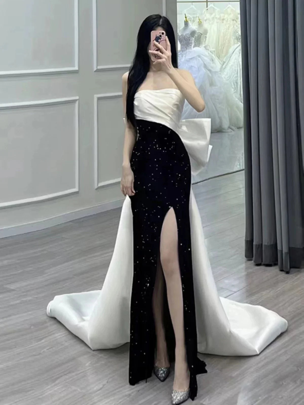 Wholesale Elegant Mermaid Strapless Black Sequin Long Prom Dress Evening Dresses formal wear dresses