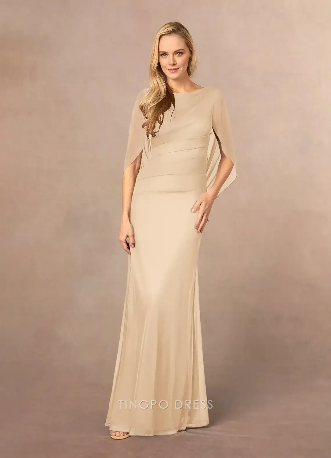 Elegant Mermaid/Trumpet Scoop Cap Sleeve V back Floor-Length Mother of the Bride Dress