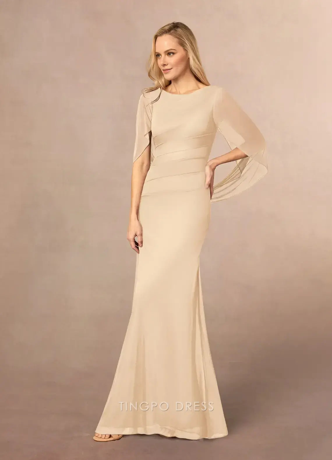 Elegant Mermaid/Trumpet Scoop Cap Sleeve V back Floor-Length Mother of the Bride Dress