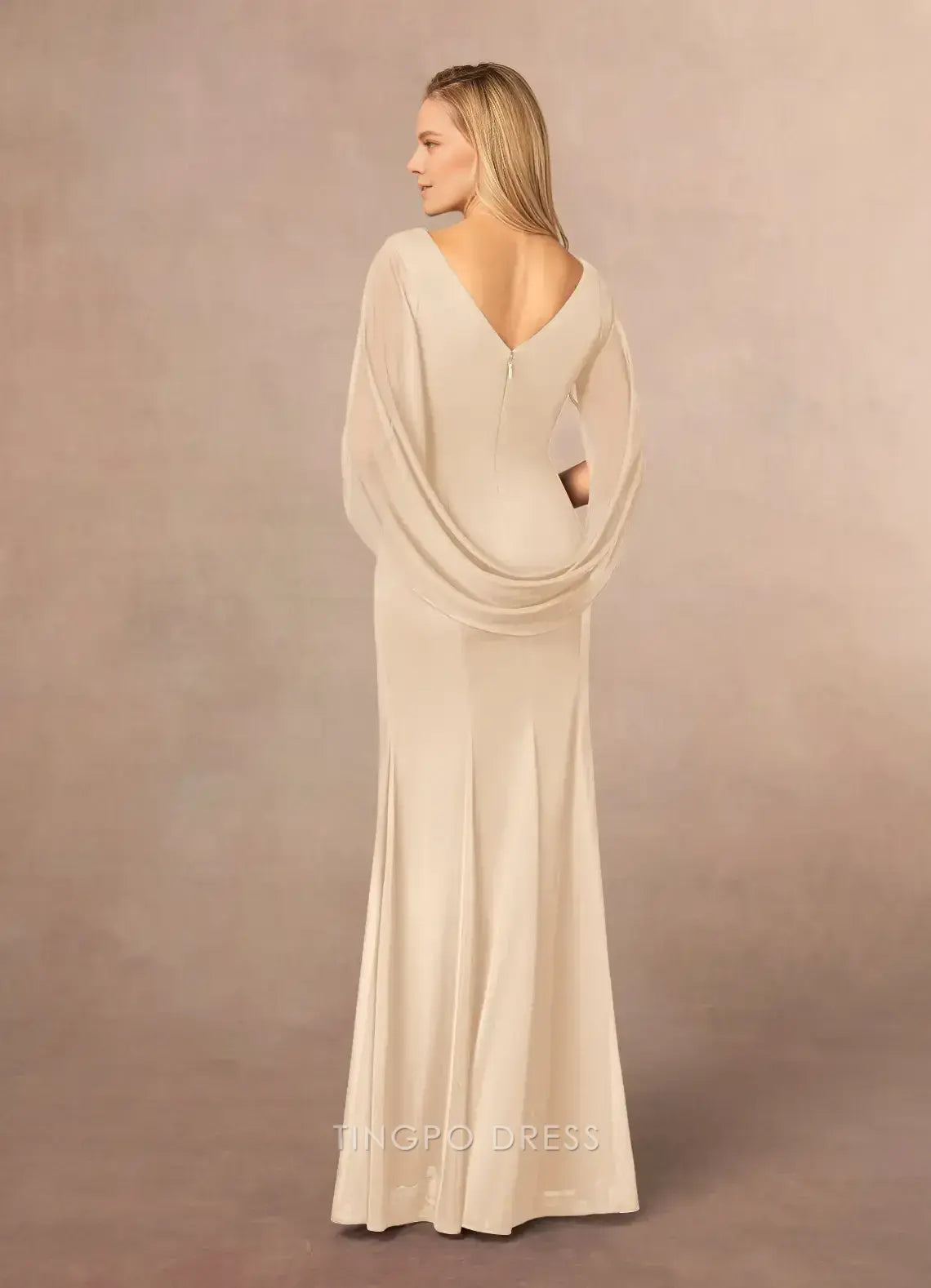 Elegant Mermaid/Trumpet Scoop Cap Sleeve V back Floor-Length Mother of the Bride Dress