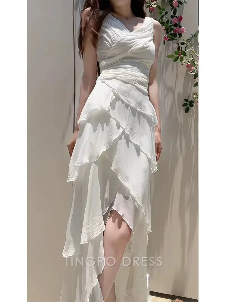 TingPo Wholesale Elegant Modest High Low Spaghetti Straps White Chiffon Prom Dress Evening Dresses
