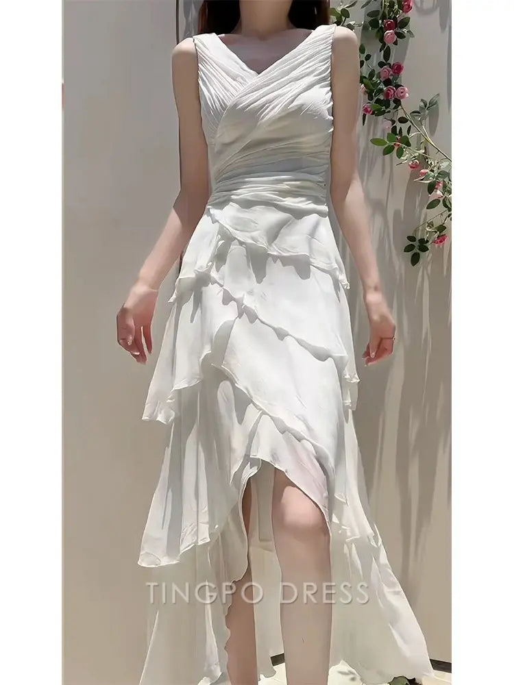 TingPo Wholesale Elegant Modest High Low Spaghetti Straps White Chiffon Prom Dress Evening Dresses