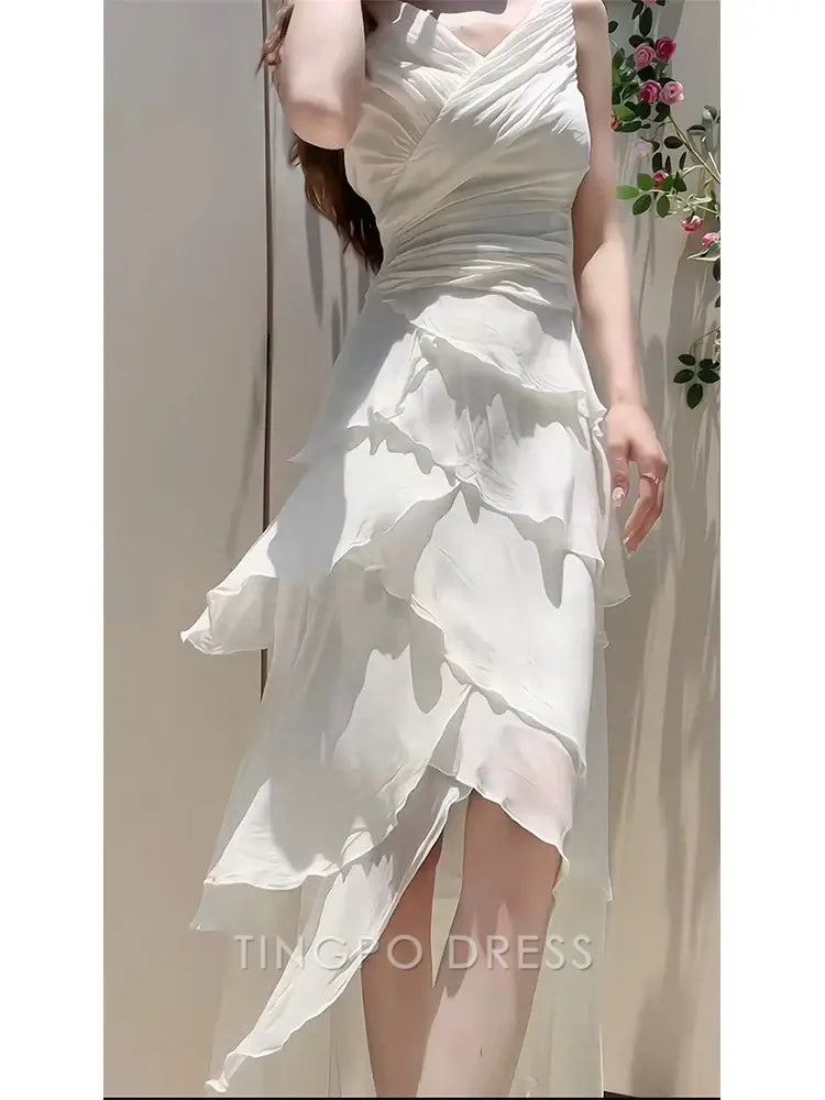 TingPo Wholesale Elegant Modest High Low Spaghetti Straps White Chiffon Prom Dress Evening Dresses