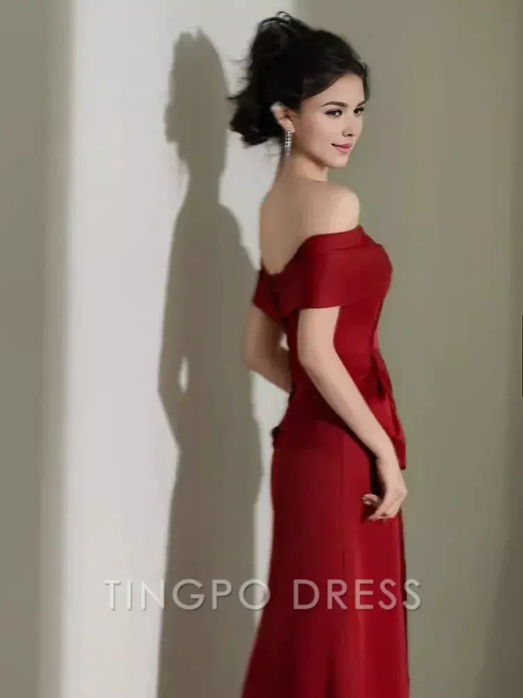TingPo Wholesale Elegant Modest Mermaid Off The Shoulder Satin Red Prom Dress Long Evening Dress