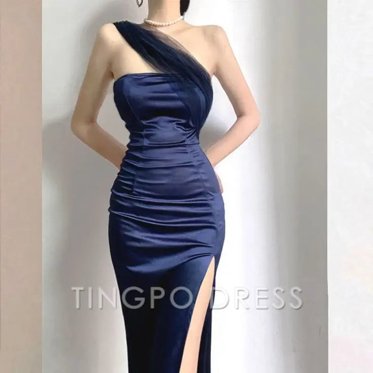 TingPo Wholesale Elegant Modest Sheath One Shoulder Sleeveless Navy Blue Slit Satin Prom Dresses Long Evening Dress