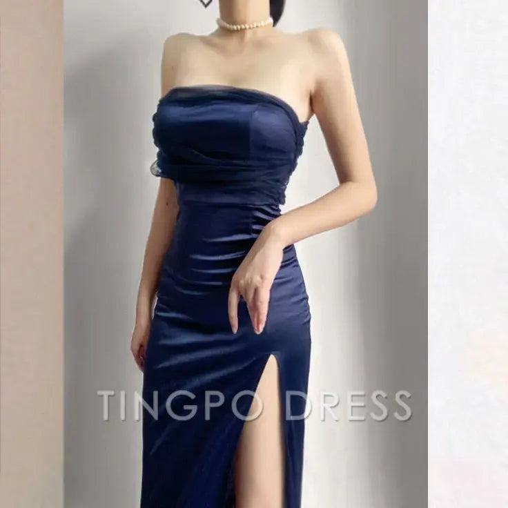 TingPo Wholesale Elegant Modest Sheath One Shoulder Sleeveless Navy Blue Slit Satin Prom Dresses Long Evening Dress